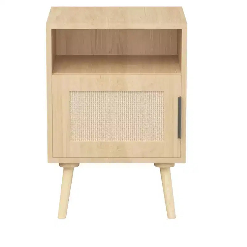 Comodino in rattan e legno con ripiano aperto, tavolino da notte/comodino