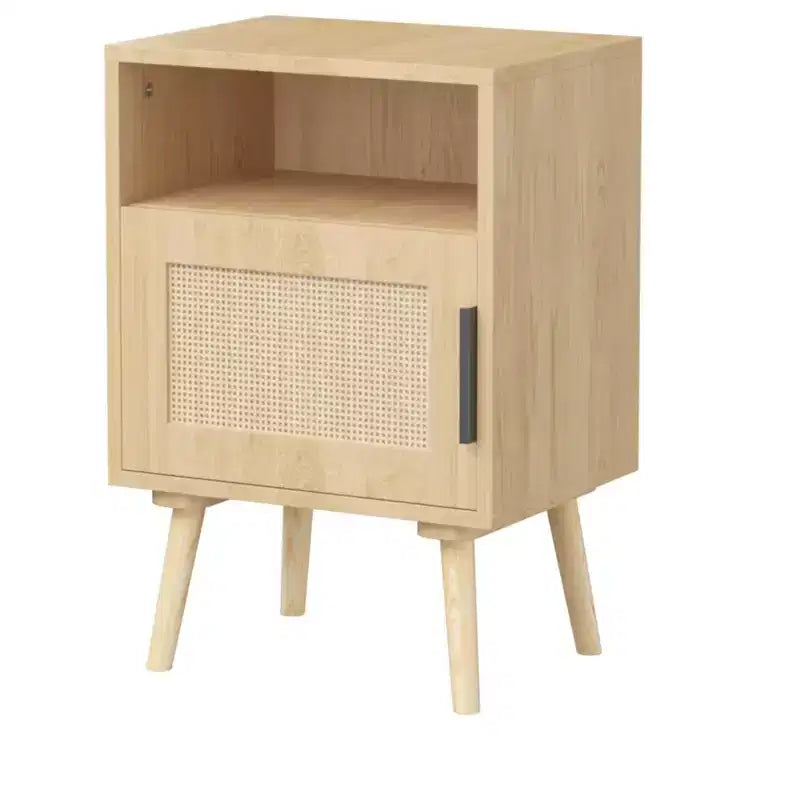 Comodino in rattan e legno con ripiano aperto, tavolino da notte/comodino