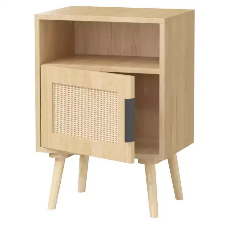 Comodino in rattan e legno con ripiano aperto, tavolino da notte/comodino