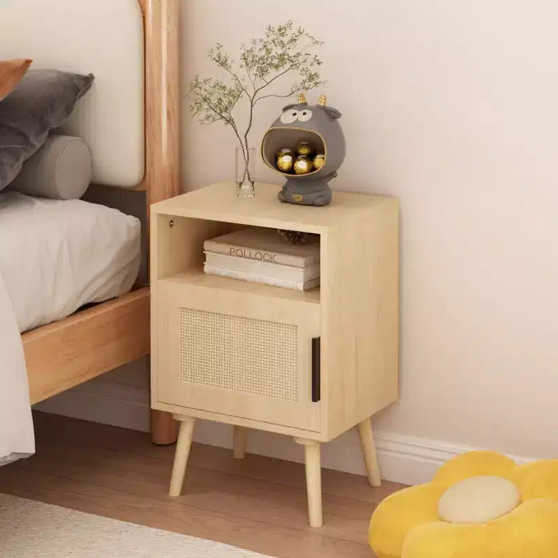 Comodino in rattan e legno con ripiano aperto, tavolino da notte/comodino