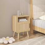 Comodino in rattan e legno con ripiano aperto, tavolino da notte/comodino