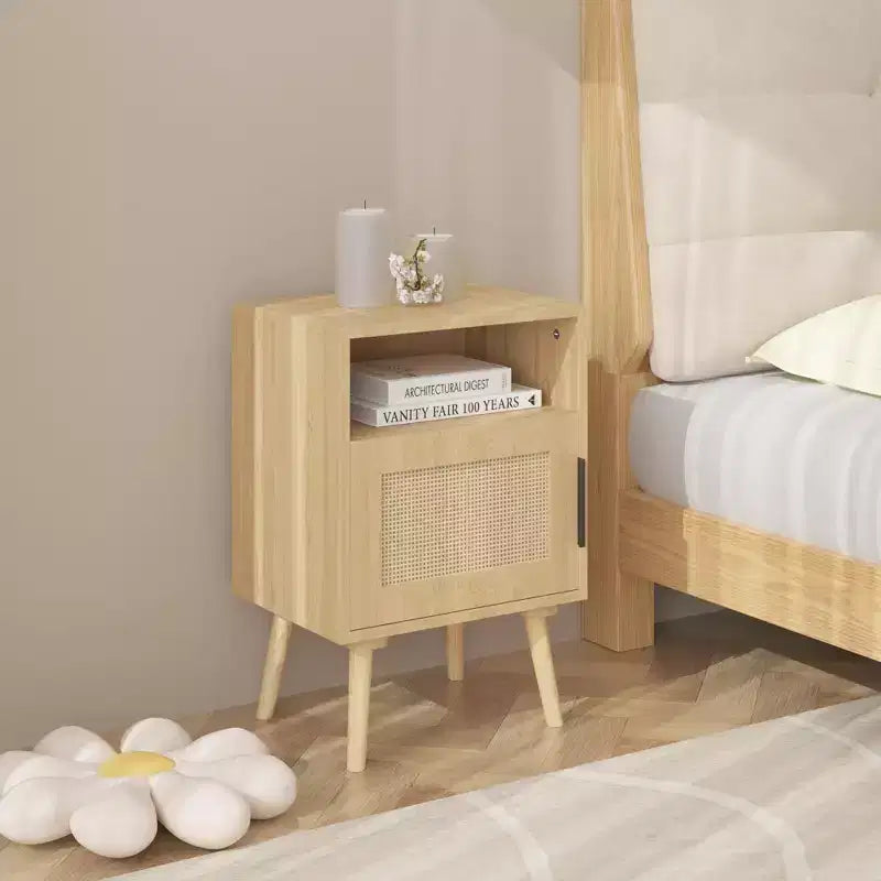 Comodino in rattan e legno con ripiano aperto, tavolino da notte/comodino