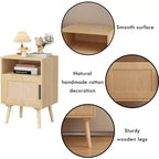 Comodino in rattan e legno con ripiano aperto, tavolino da notte/comodino