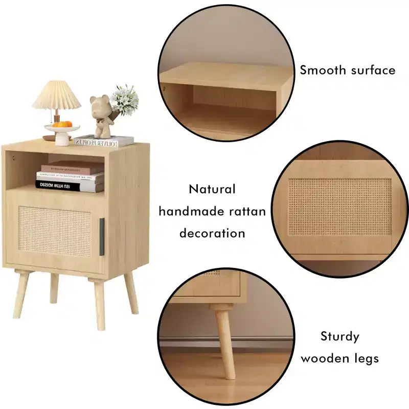 Comodino in rattan e legno con ripiano aperto, tavolino da notte/comodino