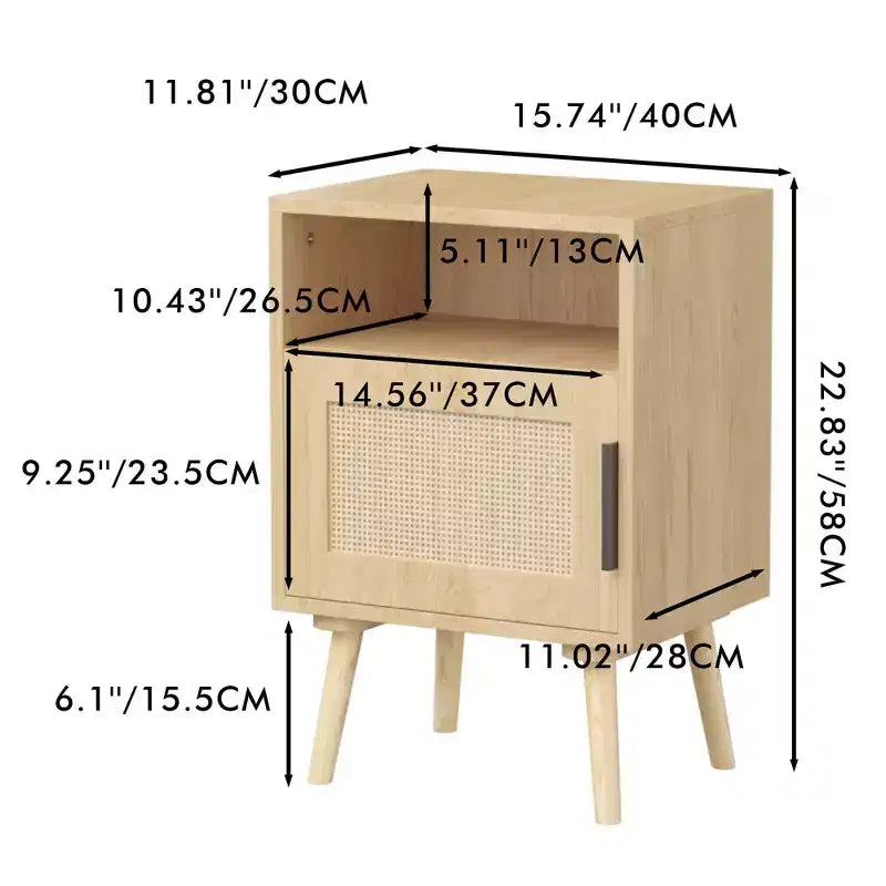Comodino in rattan e legno con ripiano aperto, tavolino da notte/comodino
