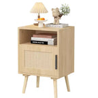 Comodino in rattan e legno con ripiano aperto, tavolino da notte/comodino