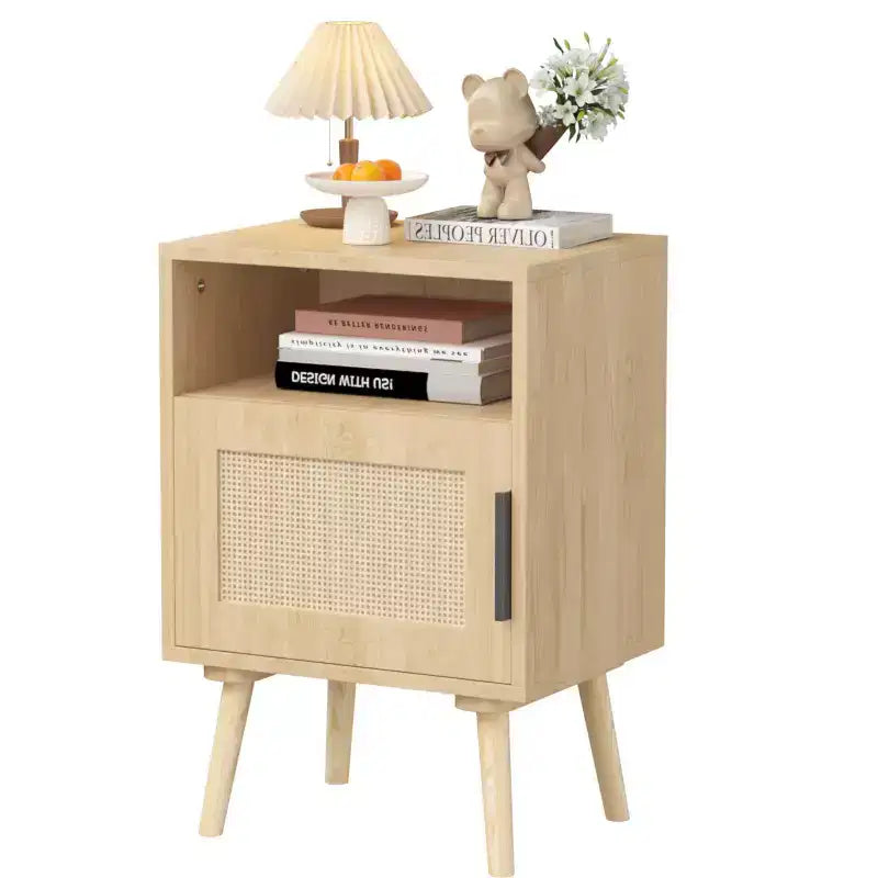 Comodino in rattan e legno con ripiano aperto, tavolino da notte/comodino