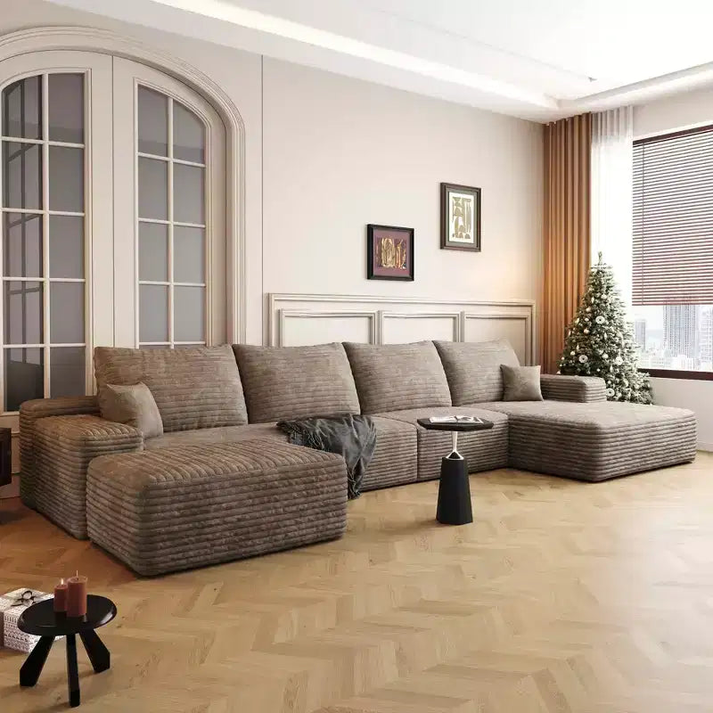 Divano componibile a U in velluto a coste con pouf, 4 pezzi, color cammello