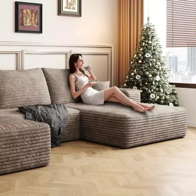 Divano componibile a U in velluto a coste con pouf, 4 pezzi, color cammello