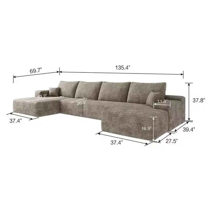 Divano componibile a U in velluto a coste con pouf, 4 pezzi, color cammello