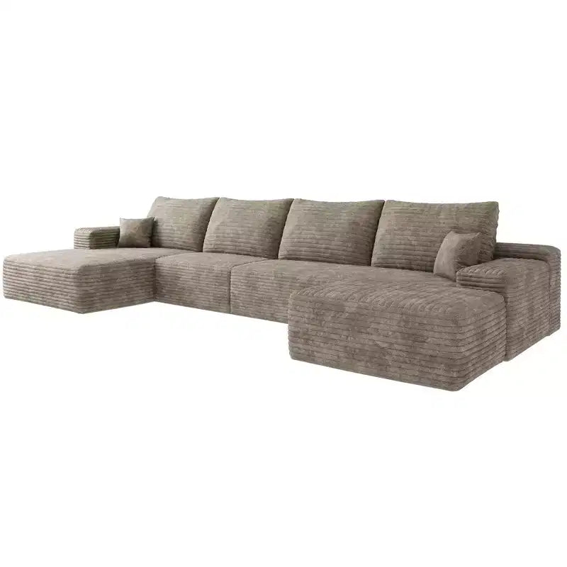 Divano componibile a U in velluto a coste con pouf, 4 pezzi, color cammello