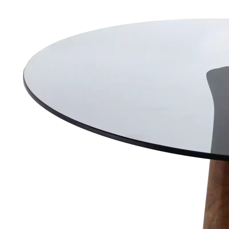 Tavolino rotondo con base a piedistallo in legno e piano in vetro, 53 cm, marrone