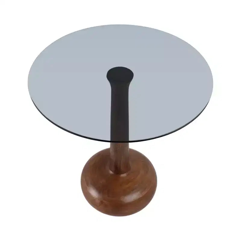 Tavolino rotondo con base a piedistallo in legno e piano in vetro, 53 cm, marrone
