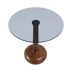 Tavolino rotondo con base a piedistallo in legno e piano in vetro, 53 cm, marrone