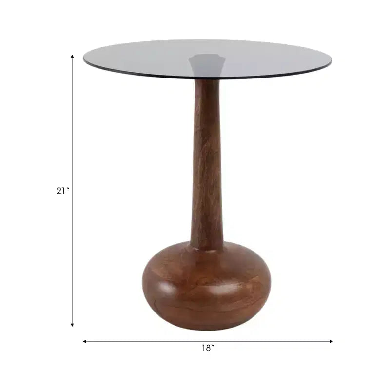 Tavolino rotondo con base a piedistallo in legno e piano in vetro, 53 cm, marrone