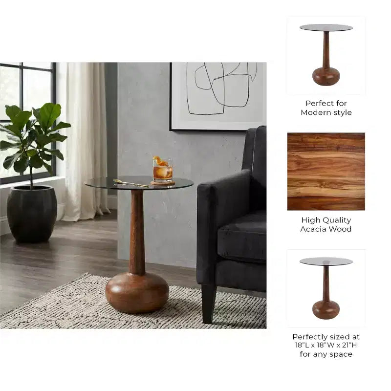 Tavolino rotondo con base a piedistallo in legno e piano in vetro, 53 cm, marrone