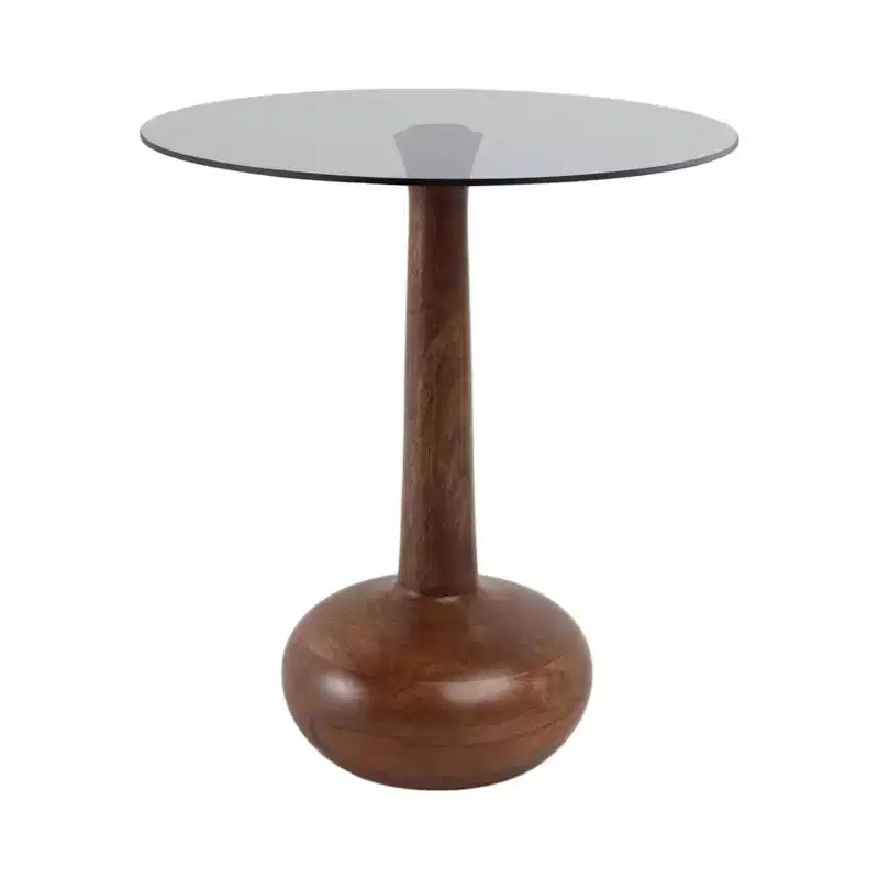 Tavolino rotondo con base a piedistallo in legno e piano in vetro, 53 cm, marrone