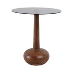 Tavolino rotondo con base a piedistallo in legno e piano in vetro, 53 cm, marrone