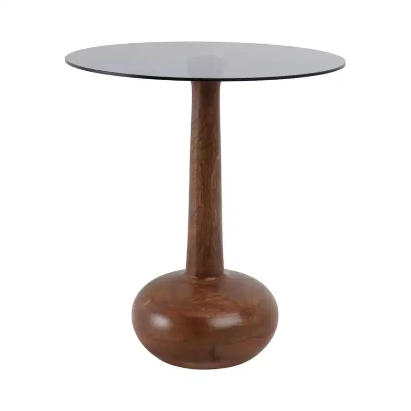 Tavolino rotondo con base a piedistallo in legno e piano in vetro, 53 cm, marrone
