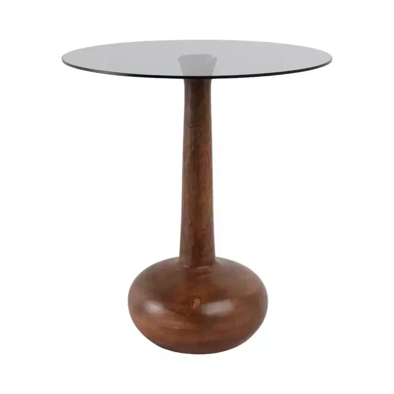 Tavolino rotondo con base a piedistallo in legno e piano in vetro, 53 cm, marrone