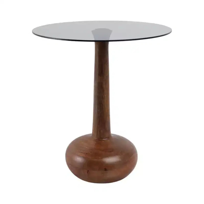 Tavolino rotondo con base a piedistallo in legno e piano in vetro, 53 cm, marrone