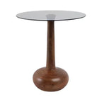 Tavolino rotondo con base a piedistallo in legno e piano in vetro, 53 cm, marrone
