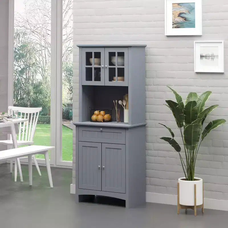Credenza con Vetrina, Mobile Dispensa da Cucina con Anta in Vetro, Cassetto e Spazio per Microonde