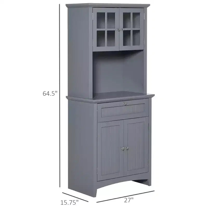 Credenza con Vetrina, Mobile Dispensa da Cucina con Anta in Vetro, Cassetto e Spazio per Microonde