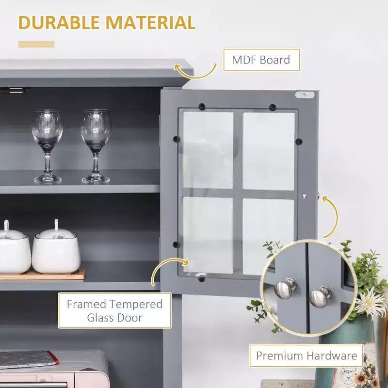 Credenza con Vetrina, Mobile Dispensa da Cucina con Anta in Vetro, Cassetto e Spazio per Microonde