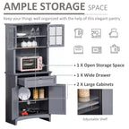 Credenza con Vetrina, Mobile Dispensa da Cucina con Anta in Vetro, Cassetto e Spazio per Microonde