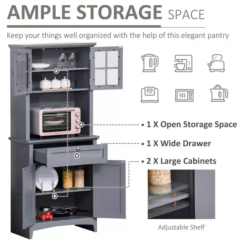 Credenza con Vetrina, Mobile Dispensa da Cucina con Anta in Vetro, Cassetto e Spazio per Microonde