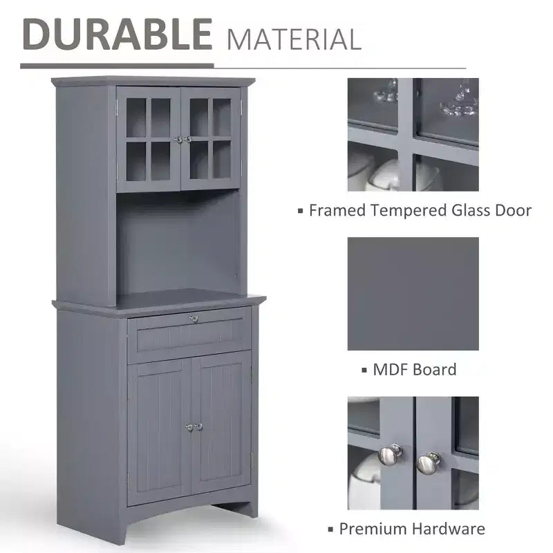 Credenza con Vetrina, Mobile Dispensa da Cucina con Anta in Vetro, Cassetto e Spazio per Microonde