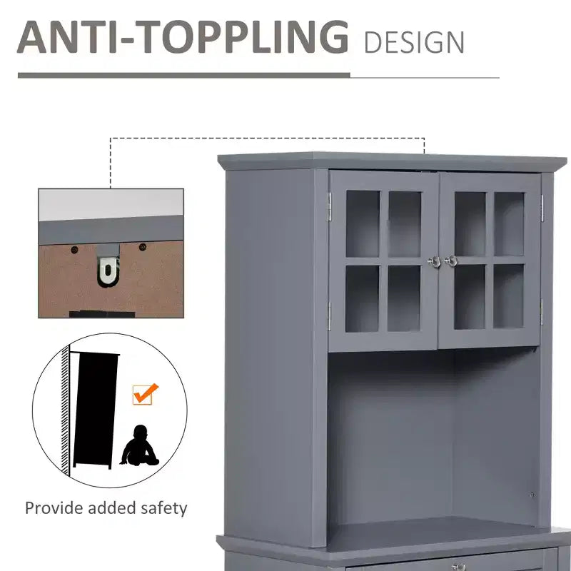 Credenza con Vetrina, Mobile Dispensa da Cucina con Anta in Vetro, Cassetto e Spazio per Microonde