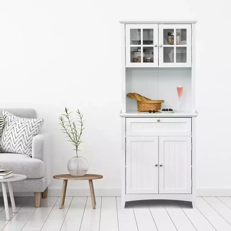 Credenza con Vetrina, Mobile Dispensa da Cucina con Anta in Vetro, Cassetto e Spazio per Microonde