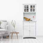 Credenza con Vetrina, Mobile Dispensa da Cucina con Anta in Vetro, Cassetto e Spazio per Microonde