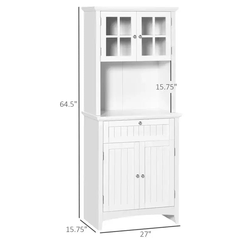 Credenza con Vetrina, Mobile Dispensa da Cucina con Anta in Vetro, Cassetto e Spazio per Microonde