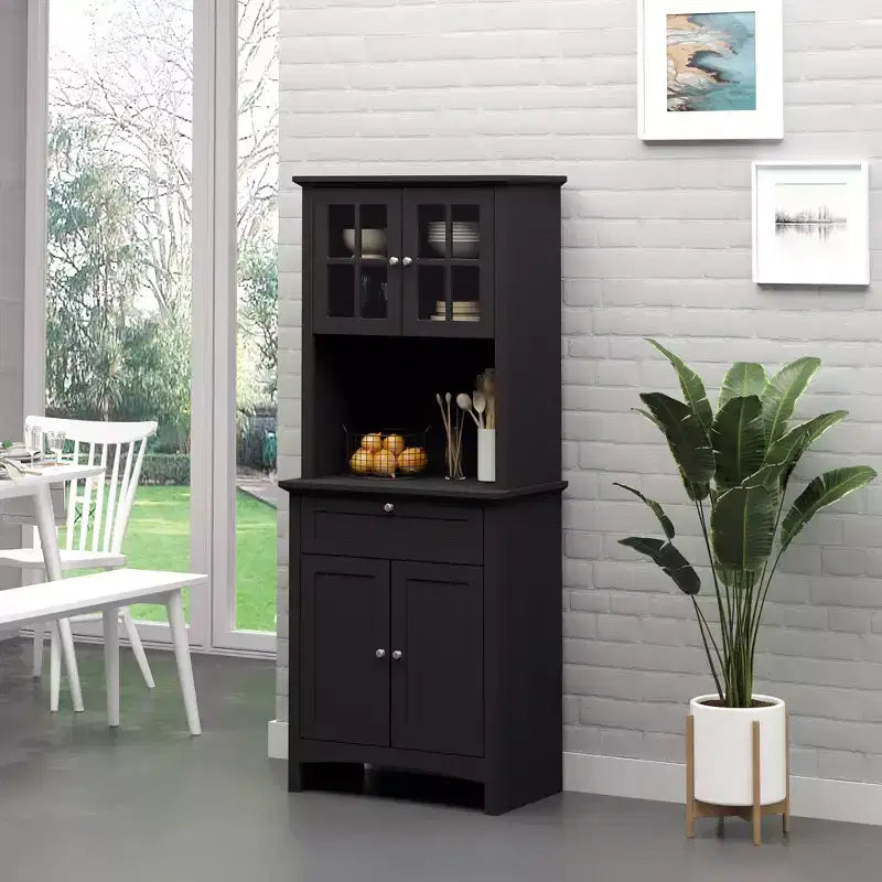 Credenza con Vetrina, Mobile Dispensa da Cucina con Anta in Vetro, Cassetto e Spazio per Microonde