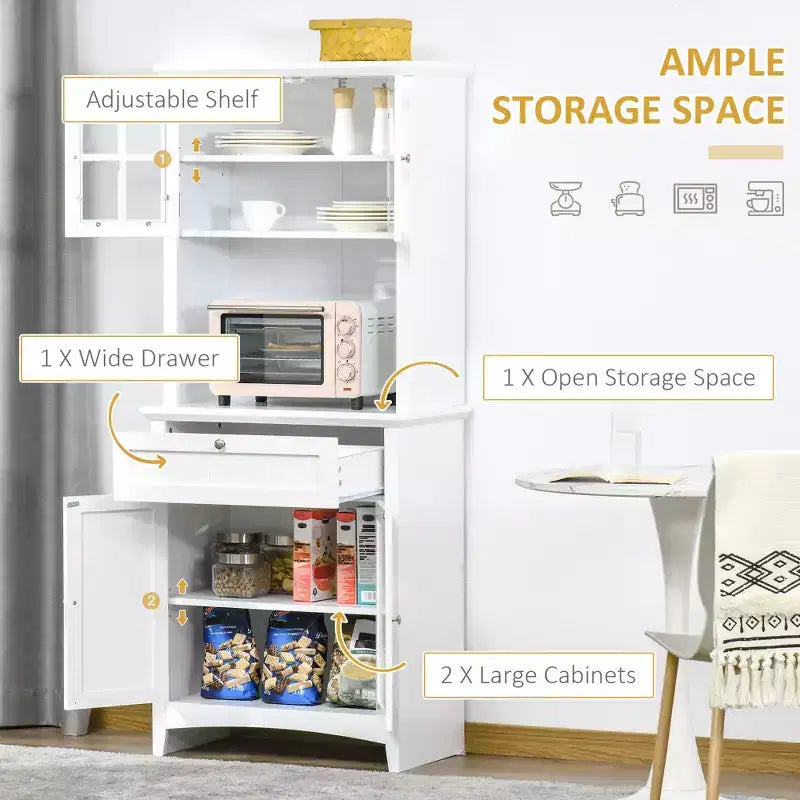 Credenza con Vetrina, Mobile Dispensa da Cucina con Anta in Vetro, Cassetto e Spazio per Microonde