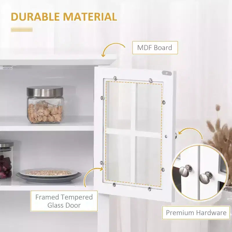 Credenza con Vetrina, Mobile Dispensa da Cucina con Anta in Vetro, Cassetto e Spazio per Microonde