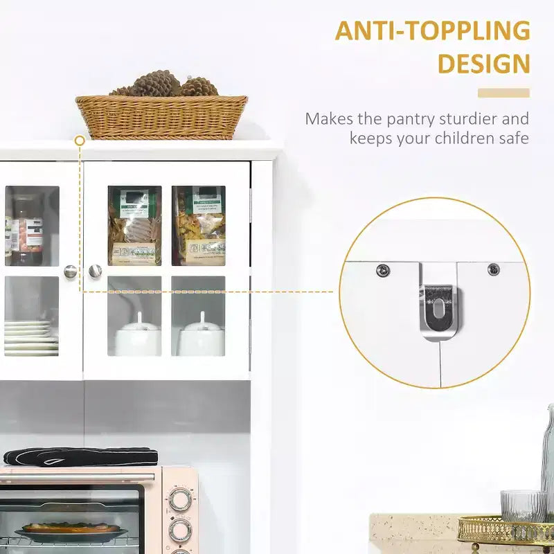 Credenza con Vetrina, Mobile Dispensa da Cucina con Anta in Vetro, Cassetto e Spazio per Microonde