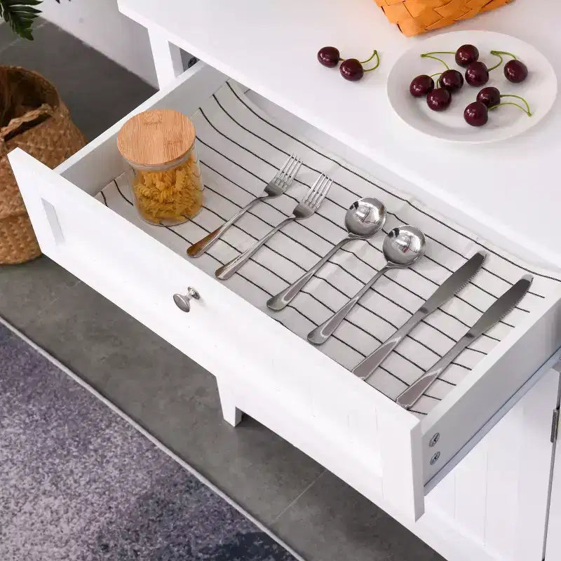 Credenza con Vetrina, Mobile Dispensa da Cucina con Anta in Vetro, Cassetto e Spazio per Microonde