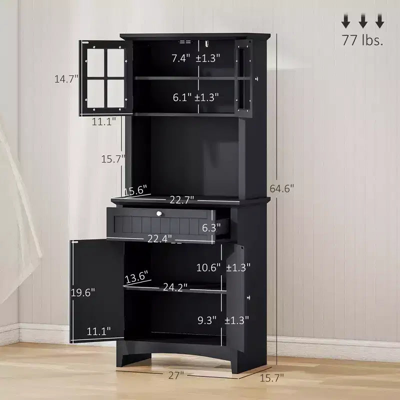 Credenza con Vetrina, Mobile Dispensa da Cucina con Anta in Vetro, Cassetto e Spazio per Microonde