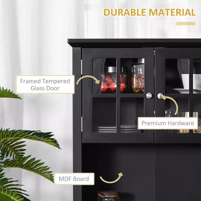 Credenza con Vetrina, Mobile Dispensa da Cucina con Anta in Vetro, Cassetto e Spazio per Microonde