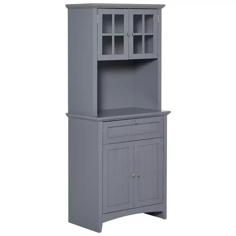 Credenza con Vetrina, Mobile Dispensa da Cucina con Anta in Vetro, Cassetto e Spazio per Microonde