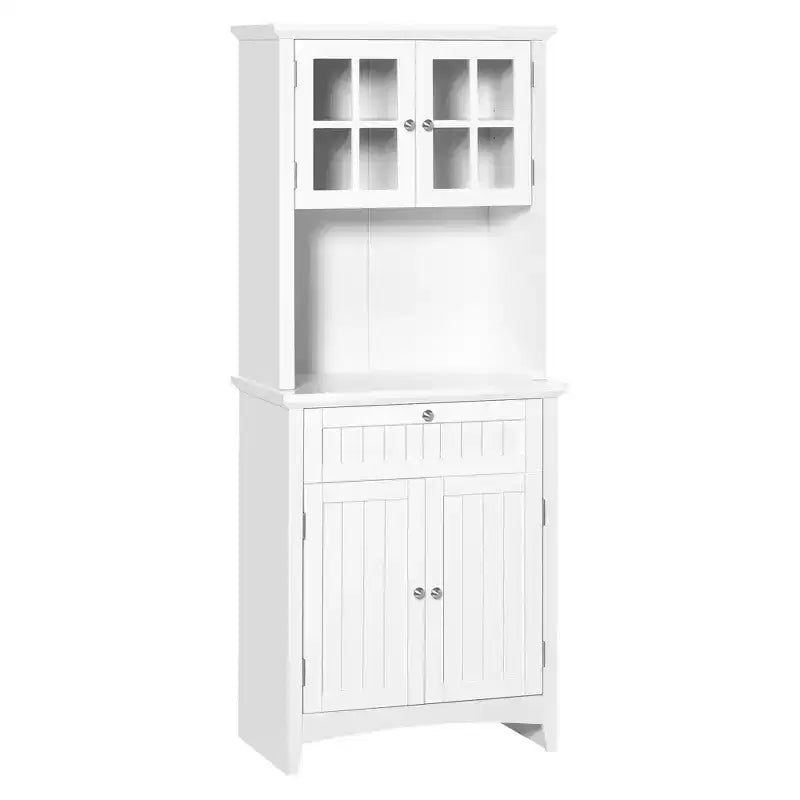 Credenza con Vetrina, Mobile Dispensa da Cucina con Anta in Vetro, Cassetto e Spazio per Microonde