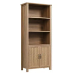 Libreria a 5 ripiani alta 178 cm con ante scorrevoli, ripiani regolabili e mobile contenitore, Noce