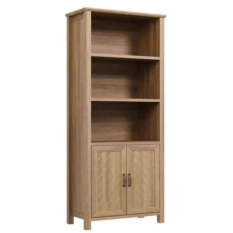 Libreria a 5 ripiani alta 178 cm con ante scorrevoli, ripiani regolabili e mobile contenitore, Noce