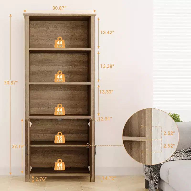 Libreria a 5 ripiani alta 178 cm con ante scorrevoli, ripiani regolabili e mobile contenitore, Noce