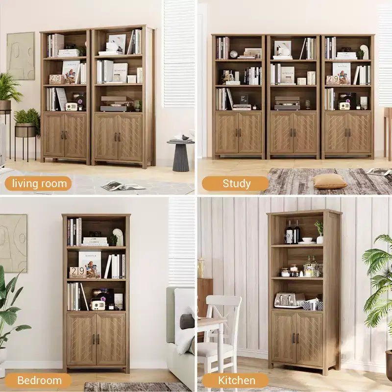 Libreria a 5 ripiani alta 178 cm con ante scorrevoli, ripiani regolabili e mobile contenitore, Noce