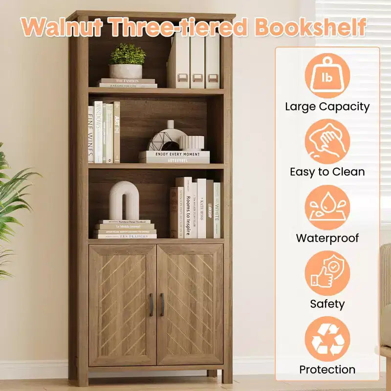 Libreria a 5 ripiani alta 178 cm con ante scorrevoli, ripiani regolabili e mobile contenitore, Noce